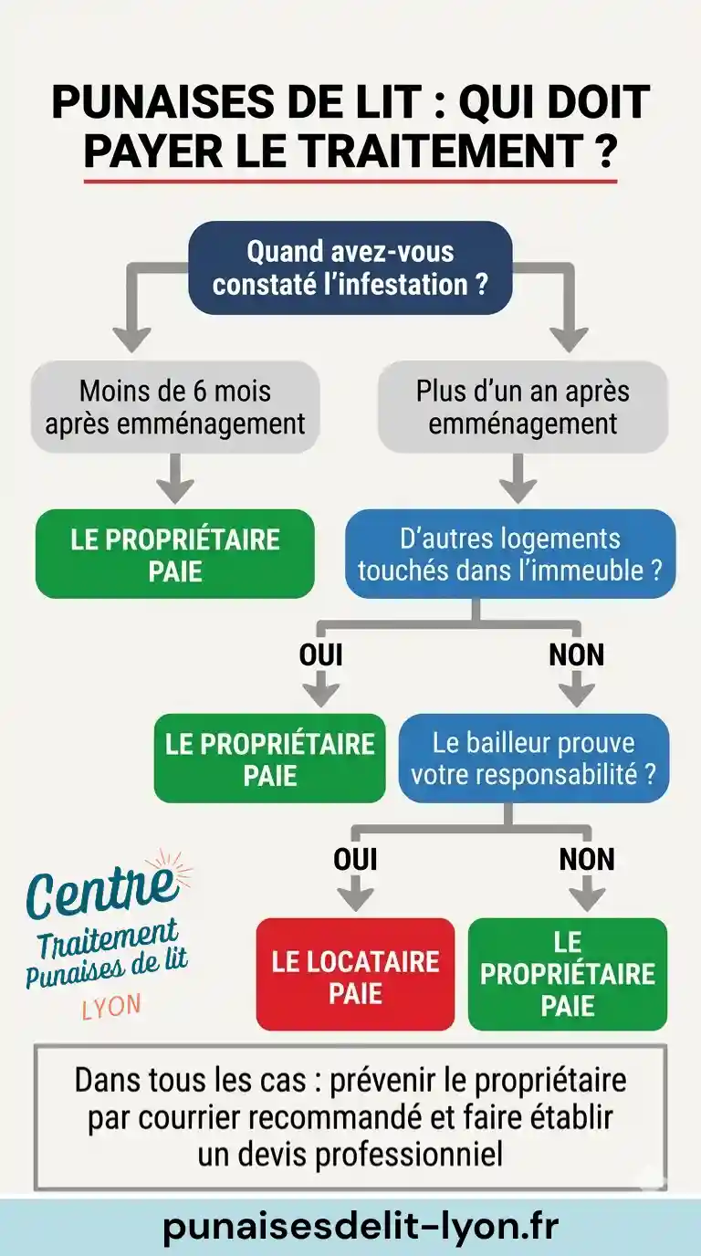 Infographie récapitulant qui doit payer le traitement des punaises de lit selon les cas : emménagement récent, locataire en place depuis longtemps, plusieurs logements touchés dans l'immeuble, négligence éventuelle du locataire, et rôle du syndic en copropriété.